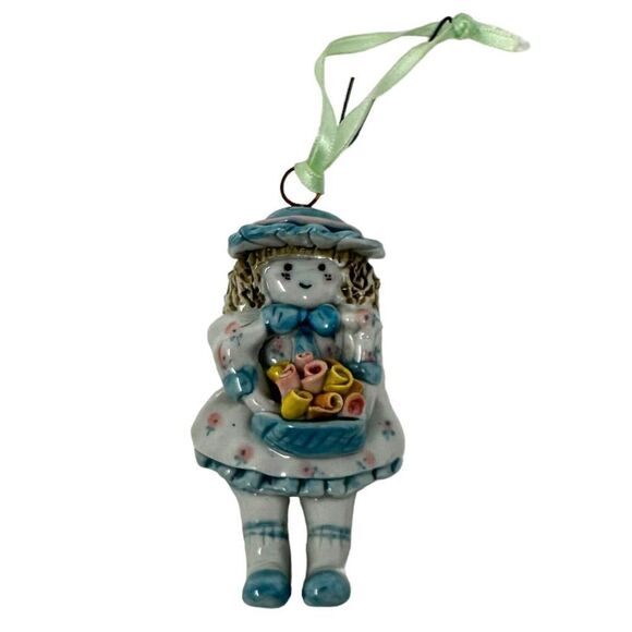 Small Victorian Girl Holding Roses Flowers Christmas Tree Ornament Ceramic 3” - Picture 1 of 2